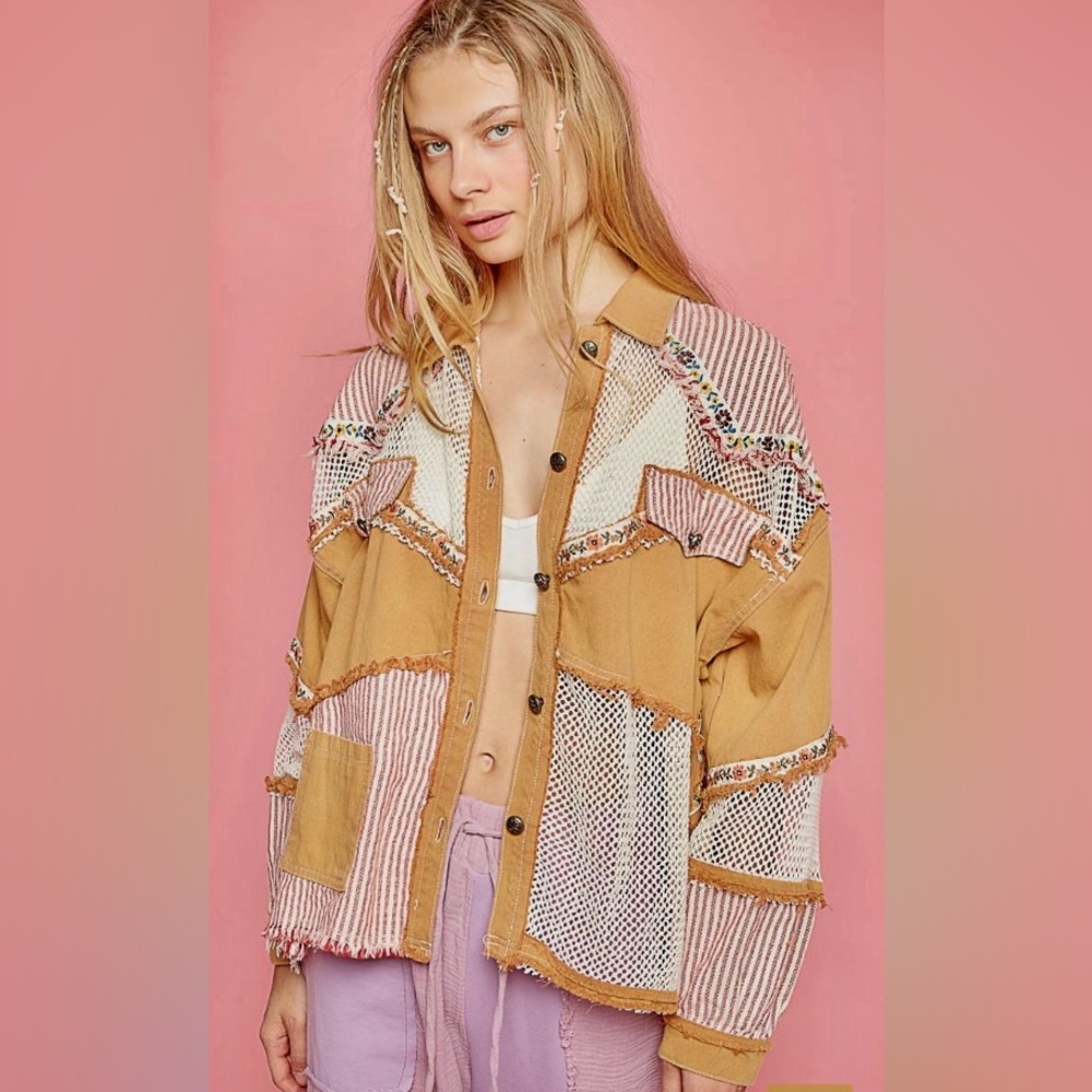 Pol Embroidered Twill Tan Jacket Patchwork Mesh S… - image 4